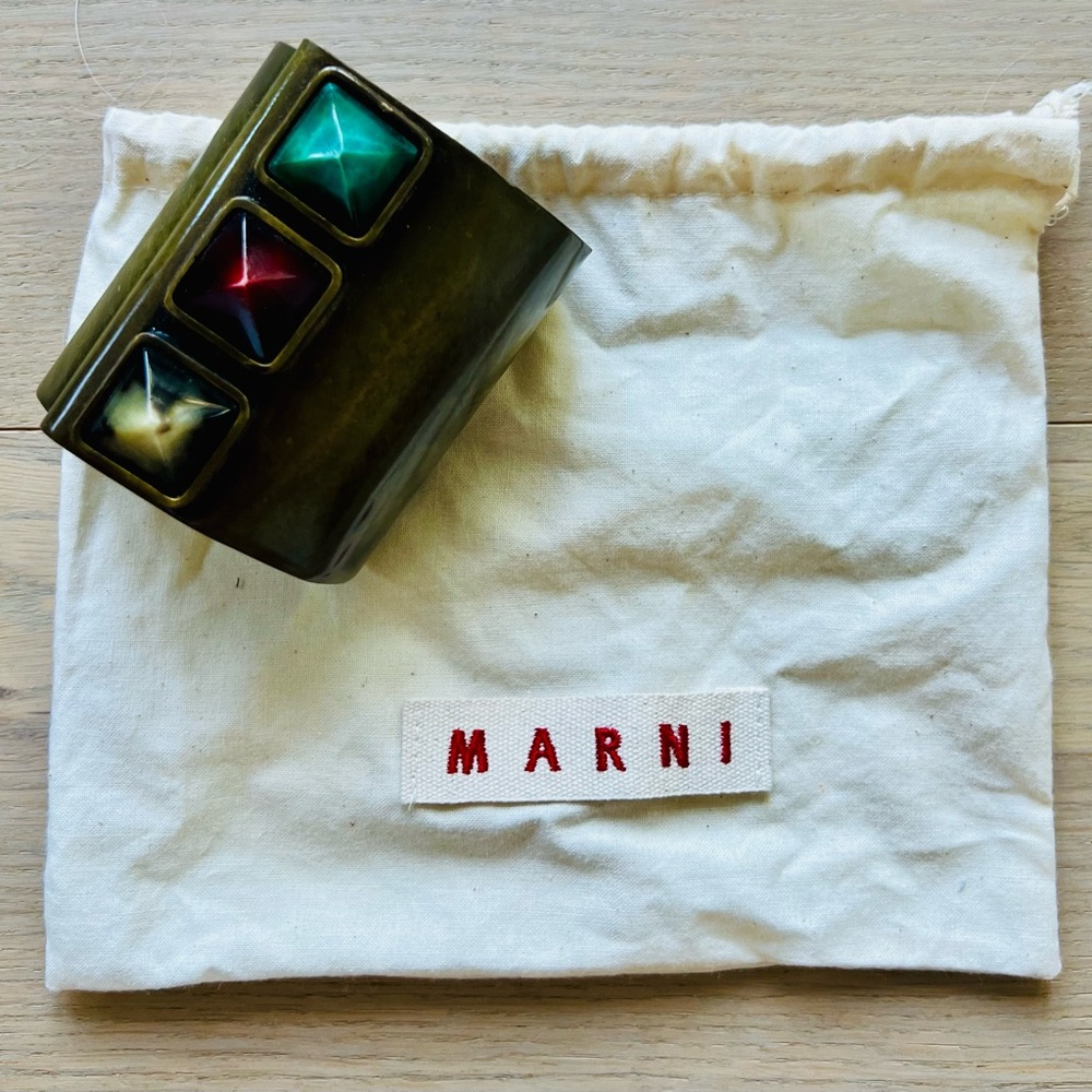 Gorgeous Marni Brass statement Cuff with Green, Red, and Cream Pyramid Stones